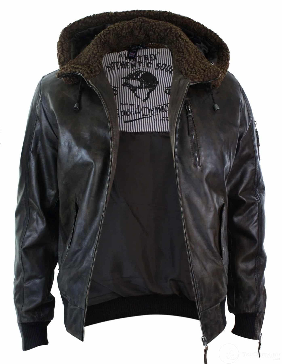 Chaqueta bomber de aviador de cuero auténtico para hombre con capucha y pelo sintético, estilo vintage, color marrón retro.