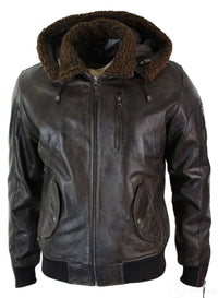 Chaqueta bomber de aviador de cuero auténtico para hombre con capucha y pelo sintético, estilo vintage, color marrón retro.