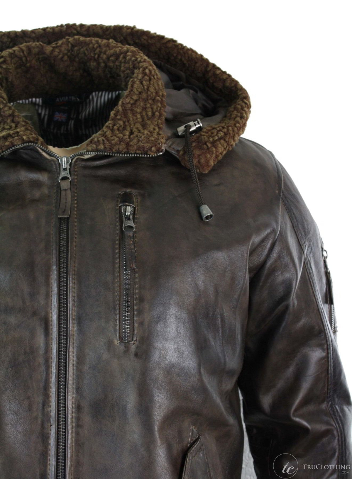 Chaqueta bomber de aviador de cuero auténtico para hombre con capucha y pelo sintético, estilo vintage, color marrón retro.