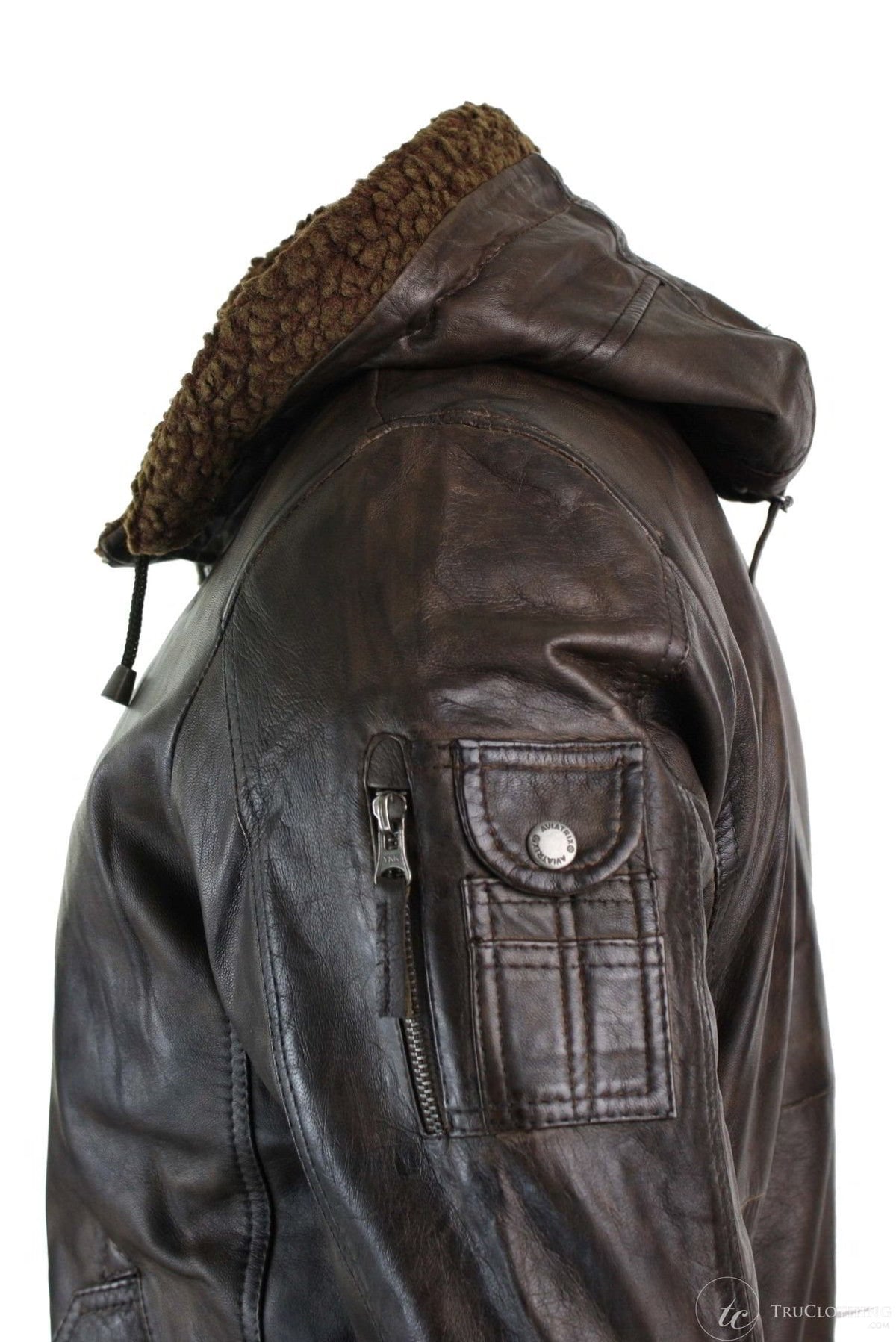 Chaqueta bomber de aviador de cuero auténtico para hombre con capucha y pelo sintético, estilo vintage, color marrón retro.