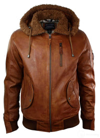 Chaqueta bomber de aviador de cuero auténtico para hombre con capucha de piel sintética, estilo vintage, color marrón retro-beige.