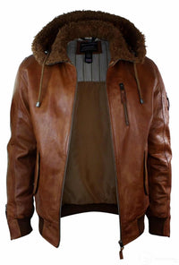 Chaqueta bomber de aviador de cuero auténtico para hombre con capucha de piel sintética, estilo vintage, color marrón retro-beige.