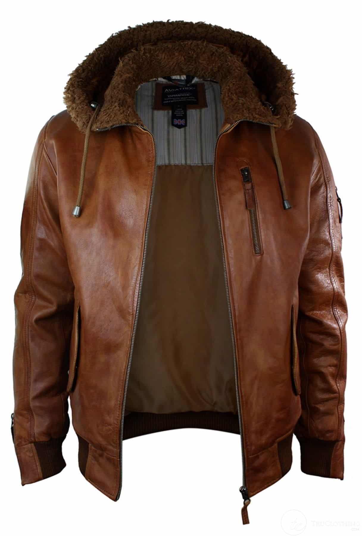 Chaqueta bomber de aviador de cuero auténtico para hombre con capucha de piel sintética, estilo vintage, color marrón retro-beige.