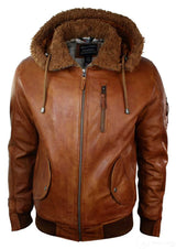 Chaqueta bomber de aviador de cuero auténtico para hombre con capucha de piel sintética, estilo vintage, color marrón retro-beige.