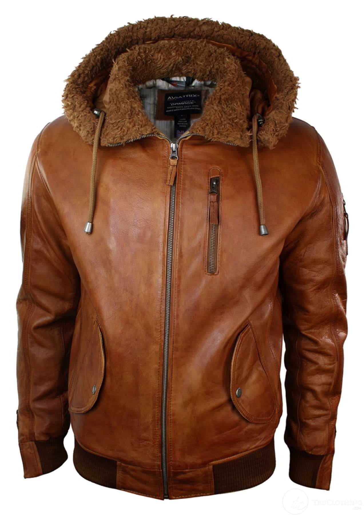 Chaqueta bomber de aviador de cuero auténtico para hombre con capucha de piel sintética, estilo vintage, color marrón retro-beige.