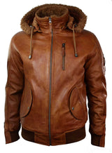 Chaqueta bomber de aviador de cuero auténtico para hombre con capucha de piel sintética, estilo vintage, color marrón retro-beige.