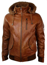 Chaqueta bomber de aviador de cuero auténtico para hombre con capucha de piel sintética, estilo vintage, color marrón retro-beige.