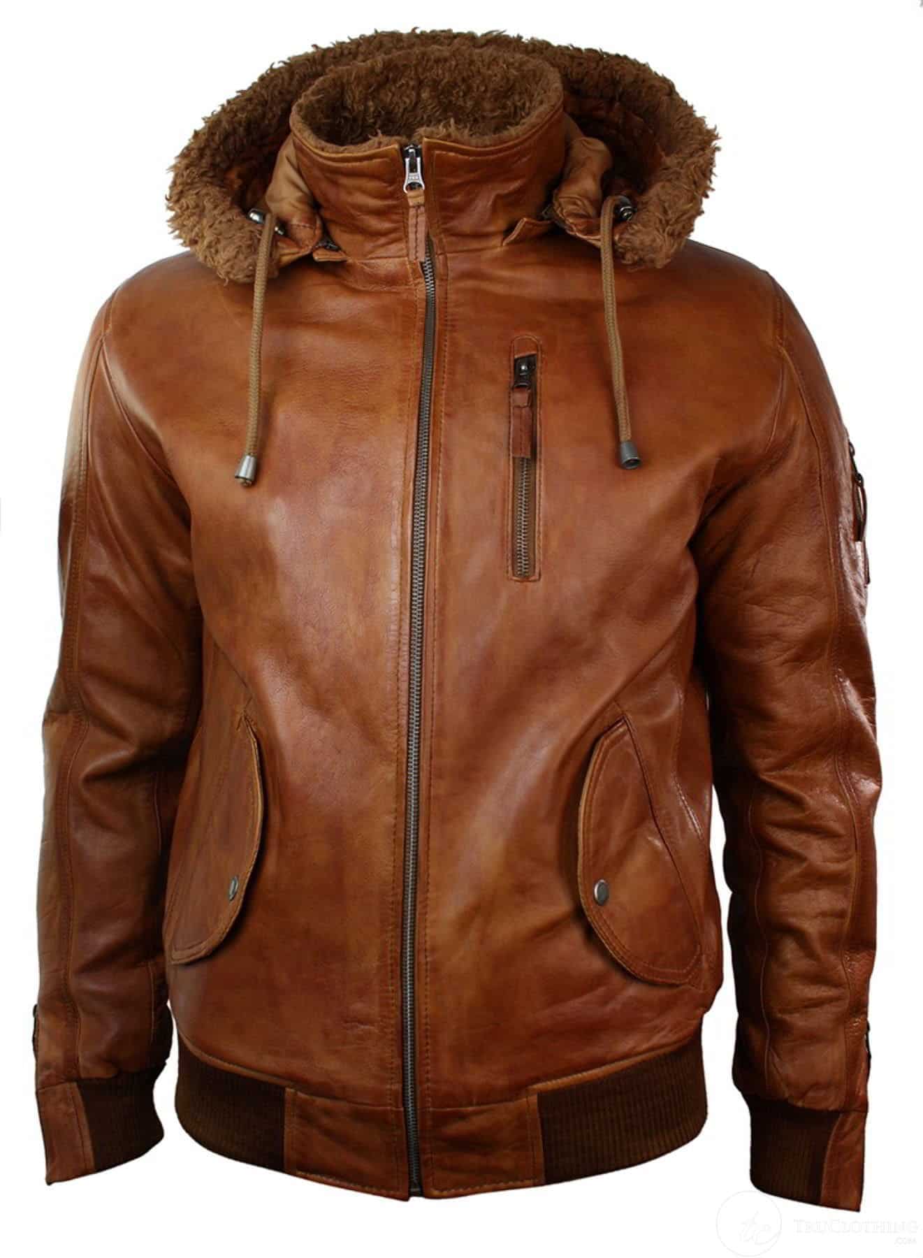 Chaqueta bomber de aviador de cuero auténtico para hombre con capucha de piel sintética, estilo vintage, color marrón retro-beige.