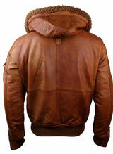 Chaqueta bomber de aviador de cuero auténtico para hombre con capucha de piel sintética, estilo vintage, color marrón retro-beige.