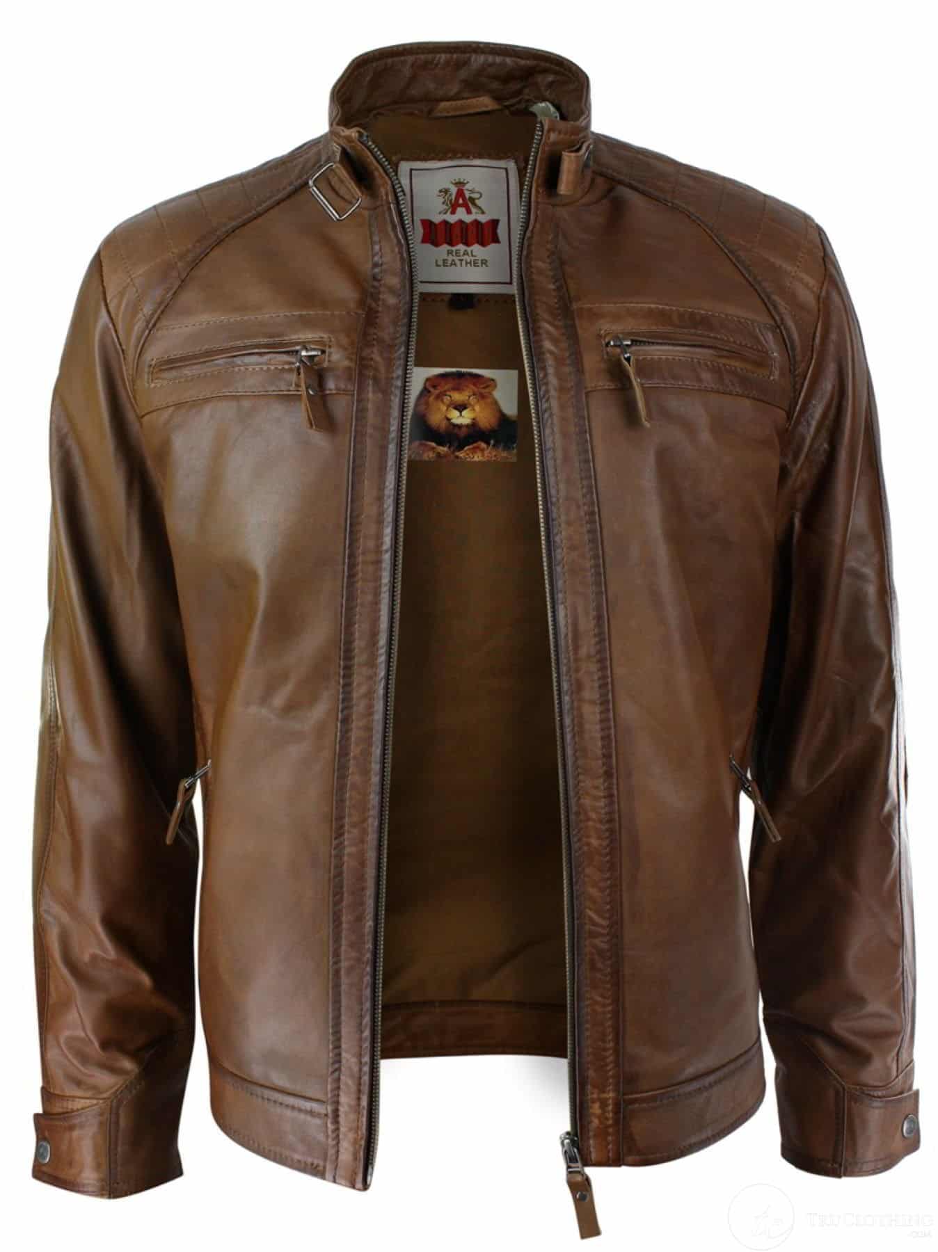 Chaqueta de motociclista estilo retro para hombre, de cuero auténtico suave, color negro, informal-marrón claro.
