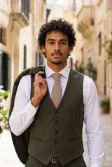 Corbata de tweed de mezcla de lana con estampado de espiga marrón claro para hombre