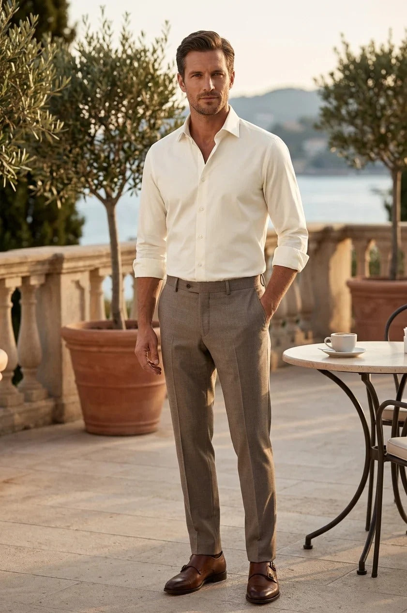 Camisa de vestir de manga larga con botones para hombre - Color crema