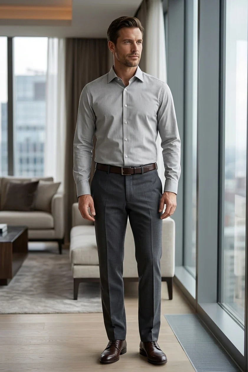 Camisa de vestir de manga larga con botones para hombre - Gris