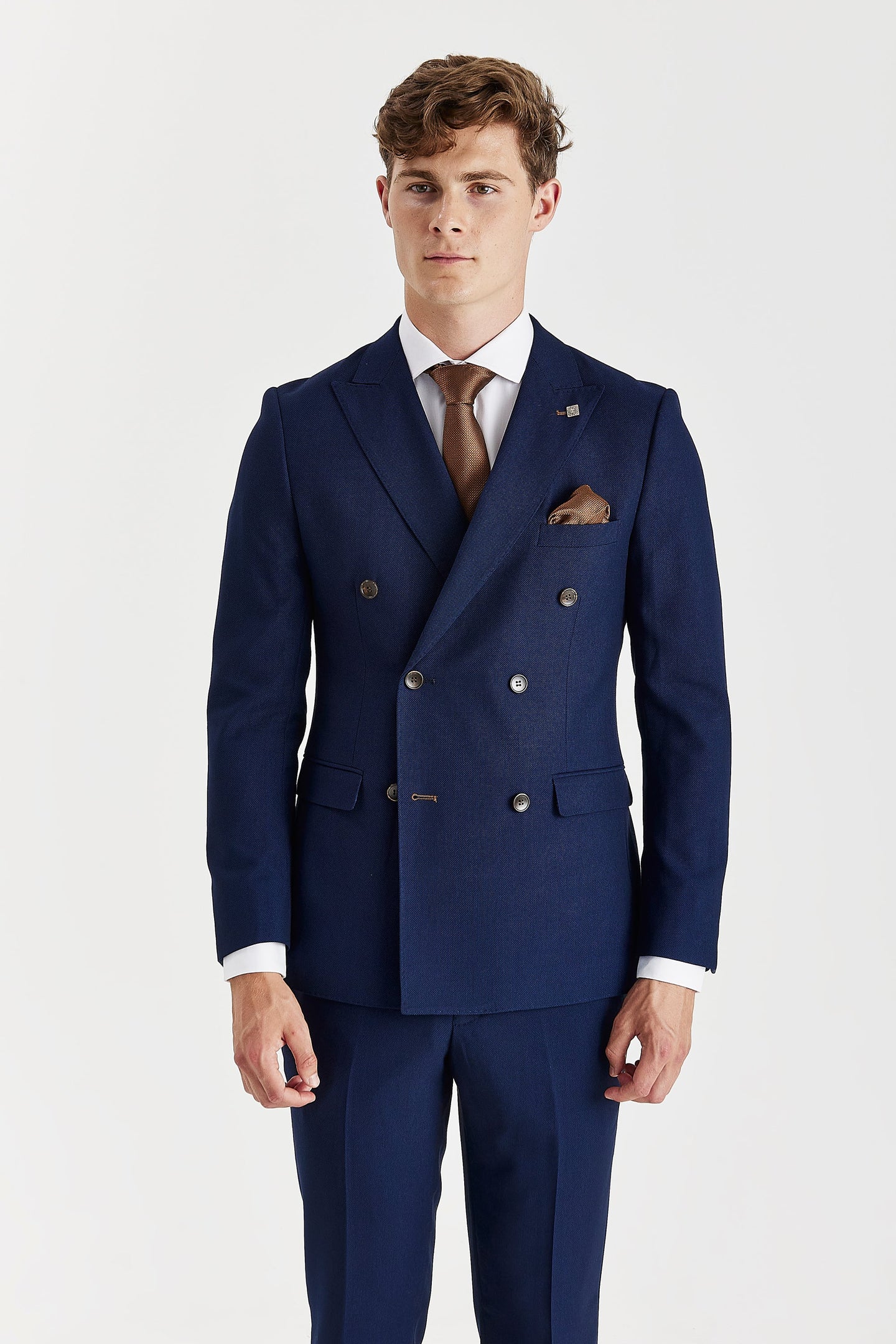 Blazer cruzado para hombre en azul marino con estampado de ojo de perdiz.