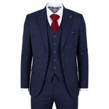 IM54 - Traje de tres piezas para hombre, azul marino a cuadros, corte entallado.