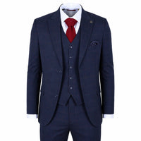 IM54 - Traje de tres piezas para hombre, azul marino a cuadros, corte entallado.