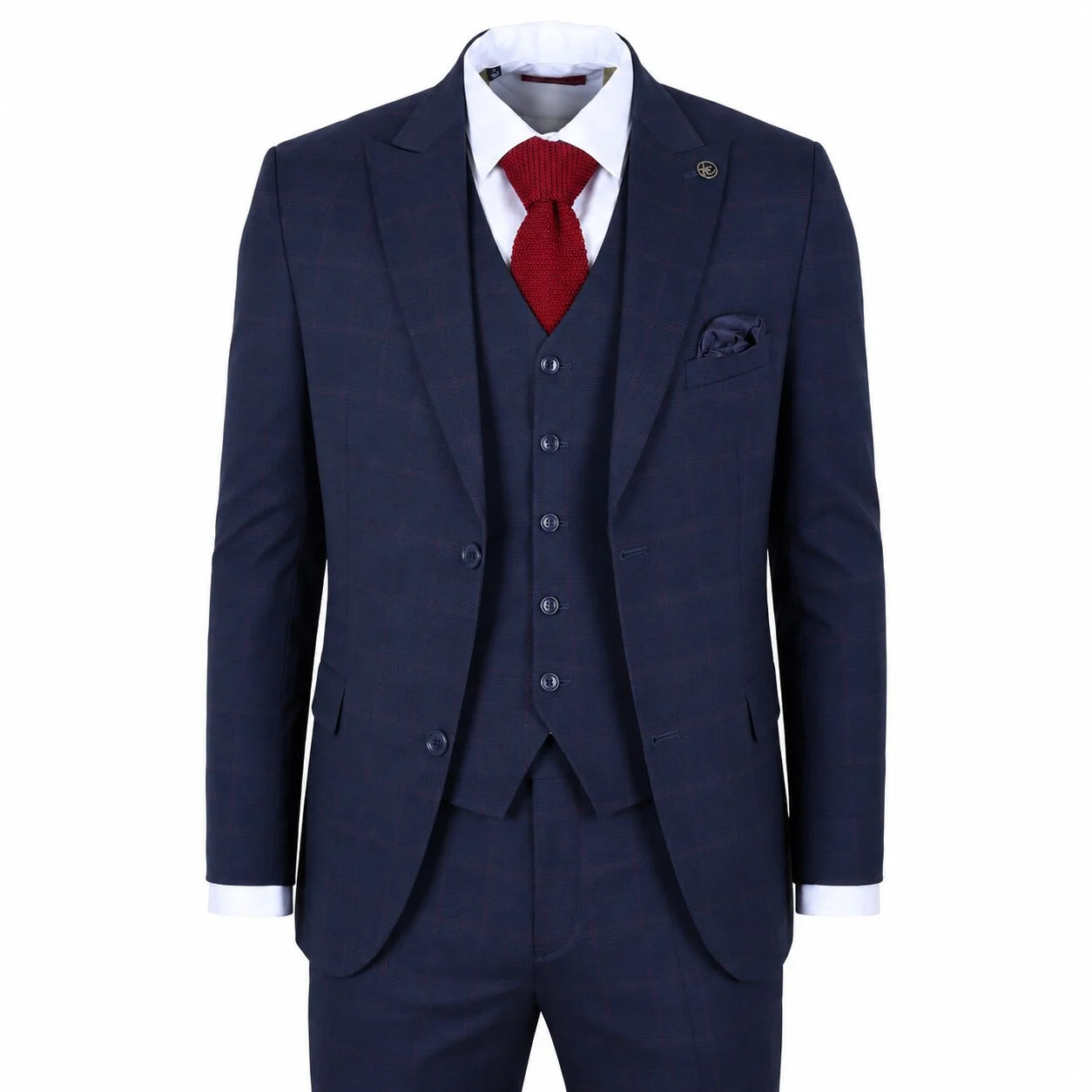 IM54 - Traje de tres piezas para hombre, azul marino a cuadros, corte entallado.