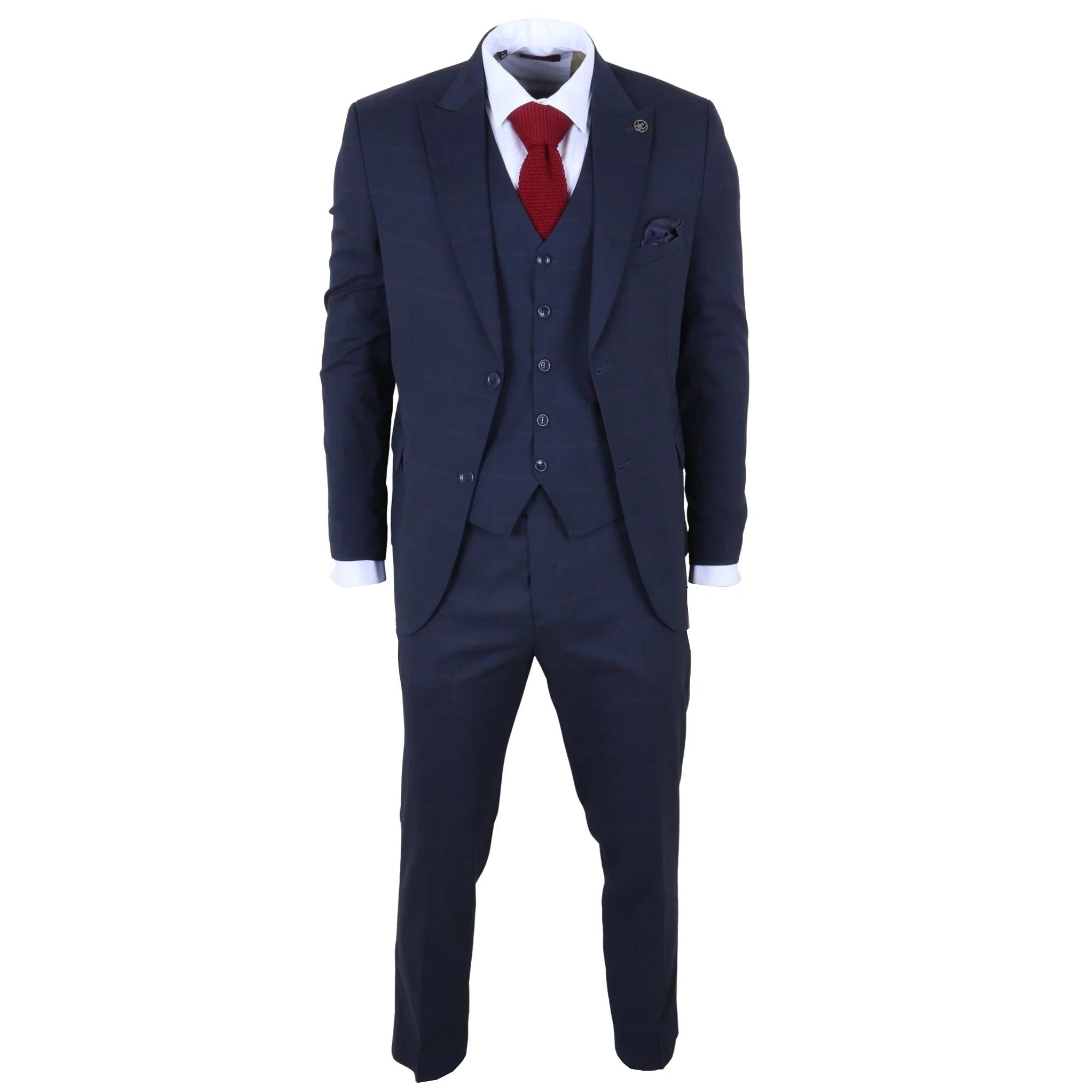 IM54 - Traje de tres piezas para hombre, azul marino a cuadros, corte entallado.