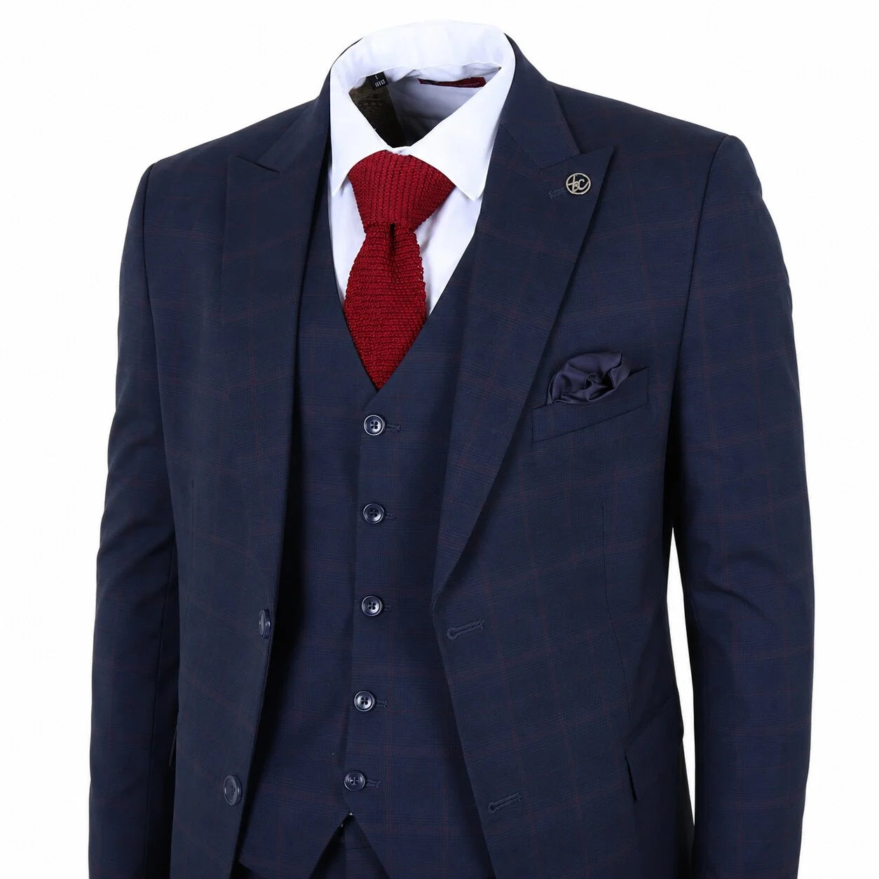 IM54 - Traje de tres piezas para hombre, azul marino a cuadros, corte entallado.