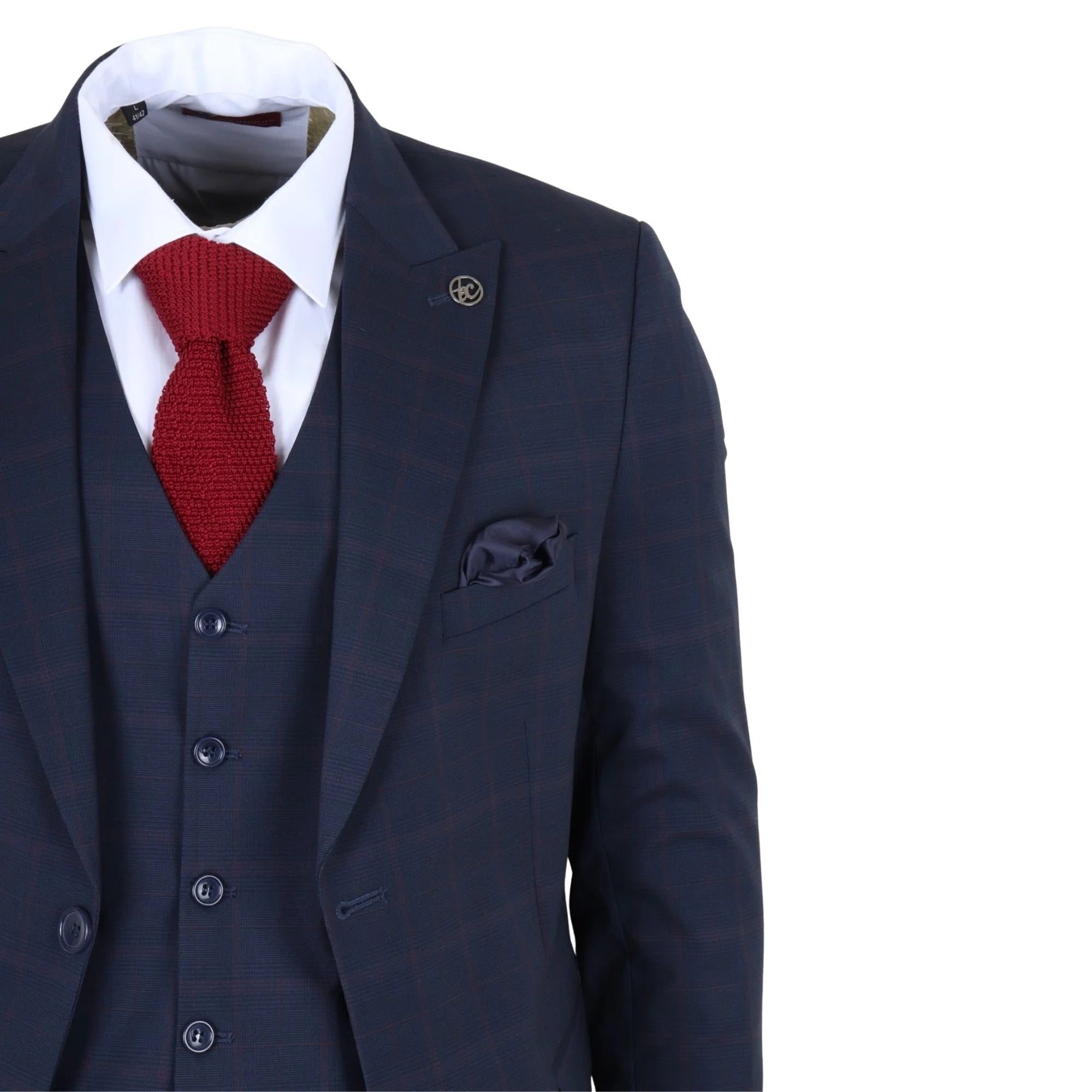 IM54 - Traje de tres piezas para hombre, azul marino a cuadros, corte entallado.