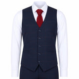 IM54 - Traje de tres piezas para hombre, azul marino a cuadros, corte entallado.