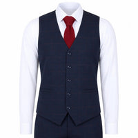 IM54 - Traje de tres piezas para hombre, azul marino a cuadros, corte entallado.
