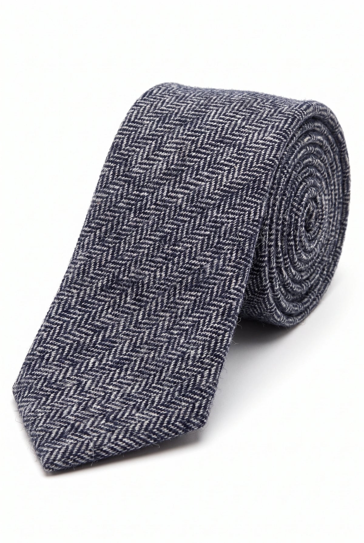 Corbata de tweed de mezcla de lana con estampado de espiga azul marino para hombre