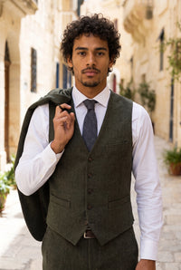 Corbata de tweed de mezcla de lana con estampado de espiga azul marino para hombre