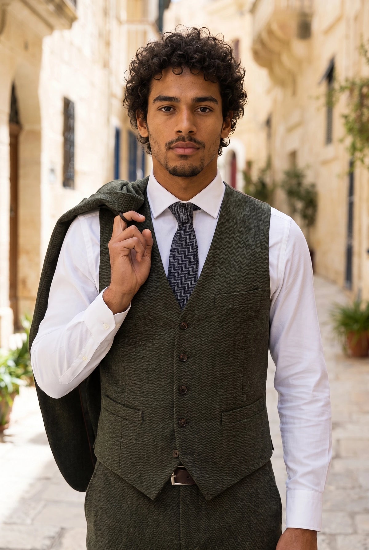 Corbata de tweed de mezcla de lana con estampado de espiga azul marino para hombre