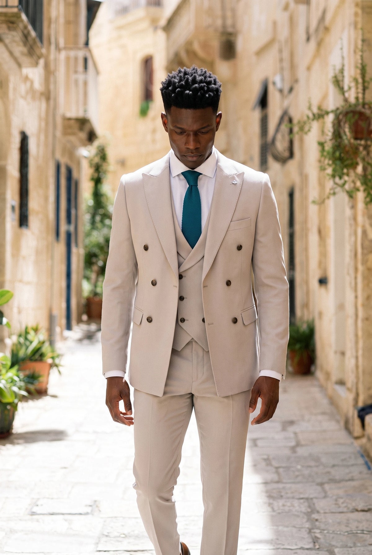Corbata de punto azul marino para hombre con extremo cuadrado plano.