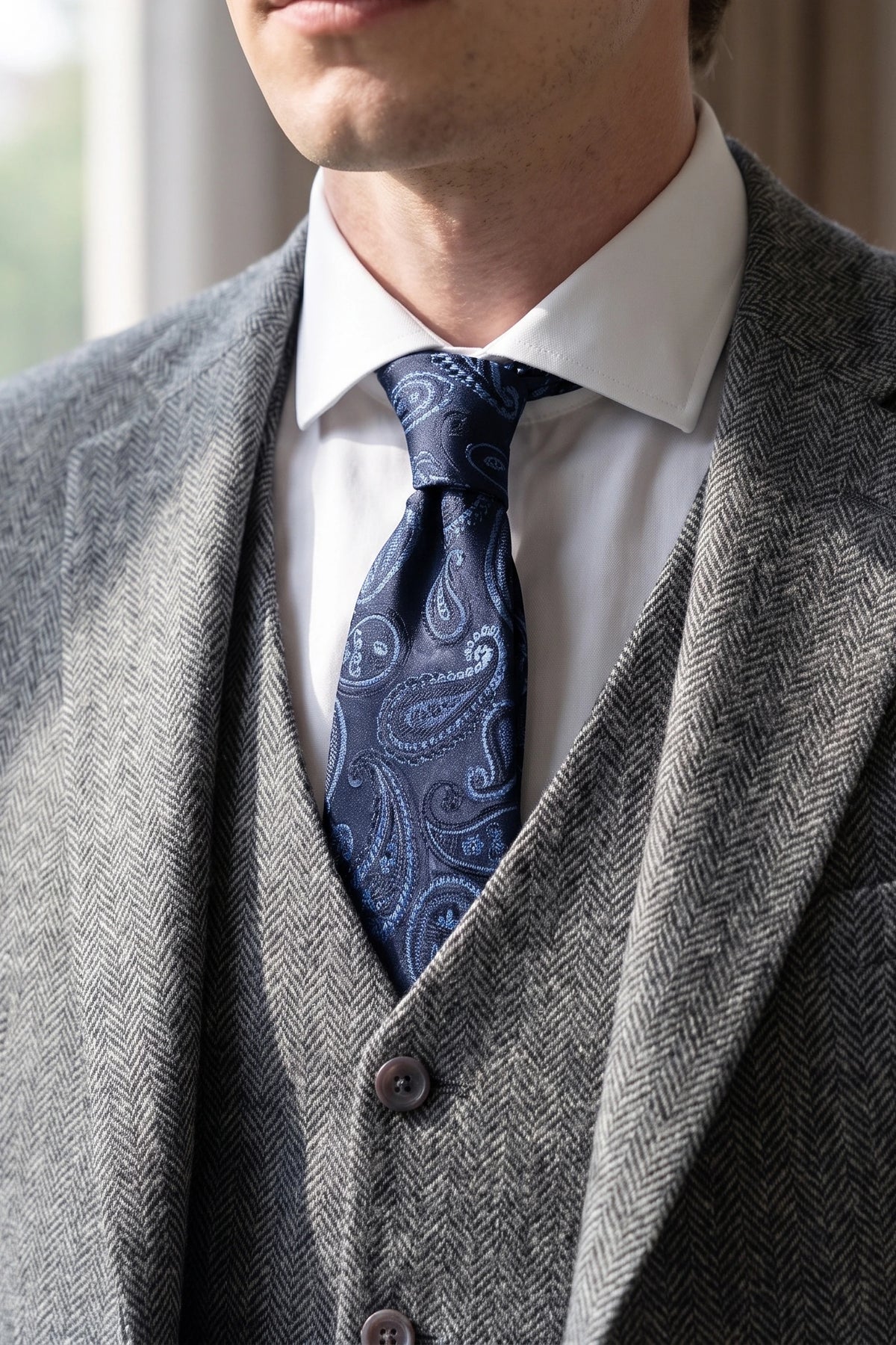 Corbata azul marino con estampado paisley para hombre.