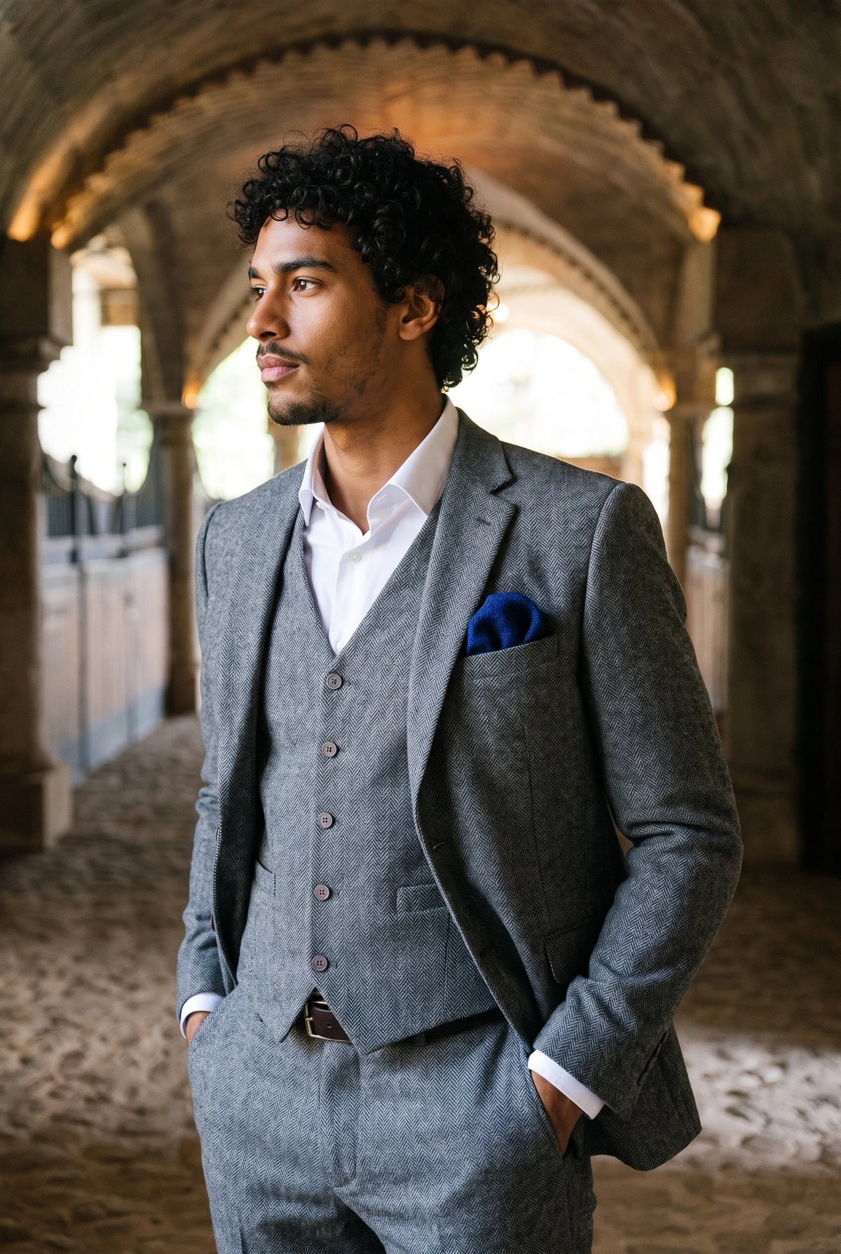 Pañuelo de bolsillo para hombre de mezcla de lana y tweed azul marino