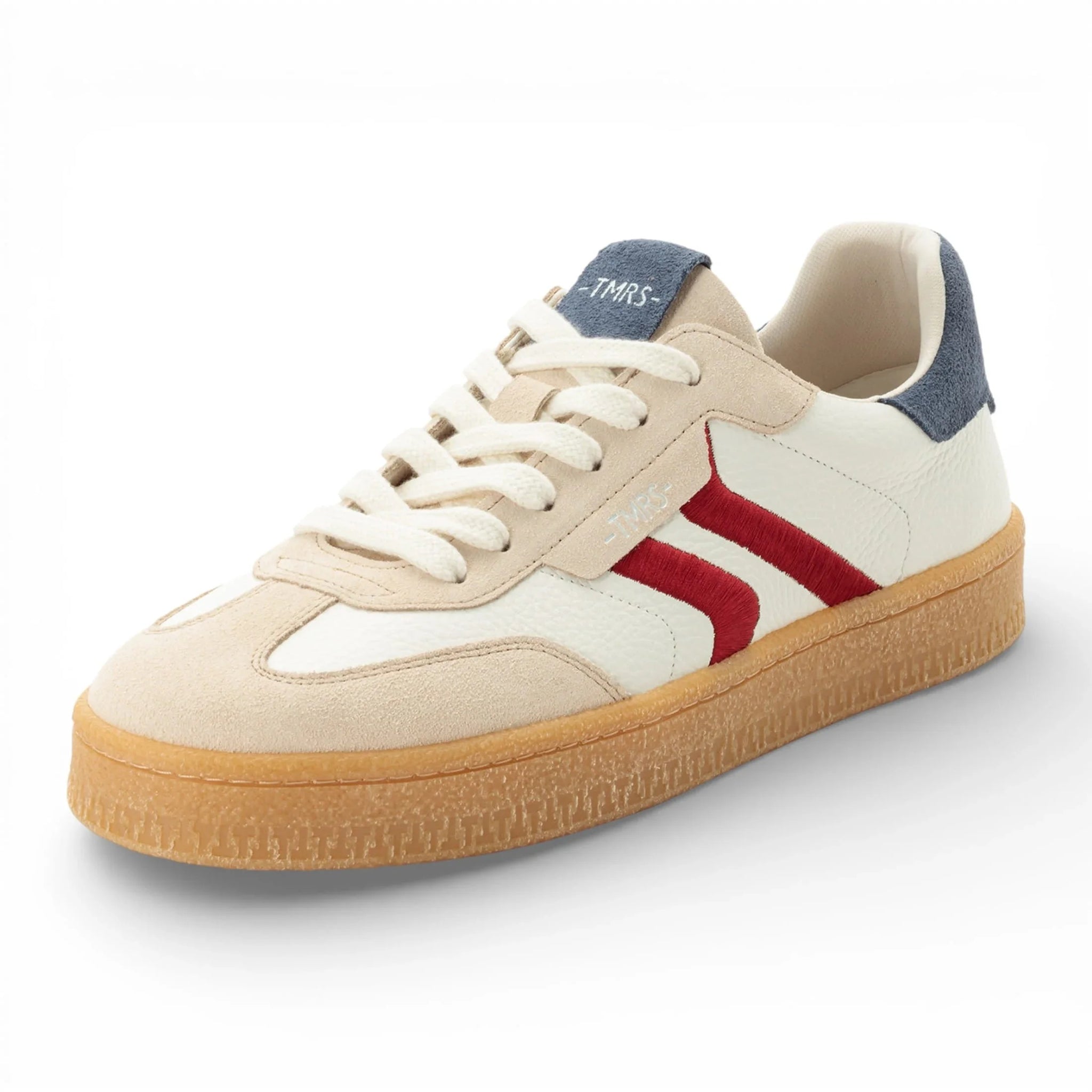 Zapatillas deportivas de hombre de piel color blanco roto con raya roja