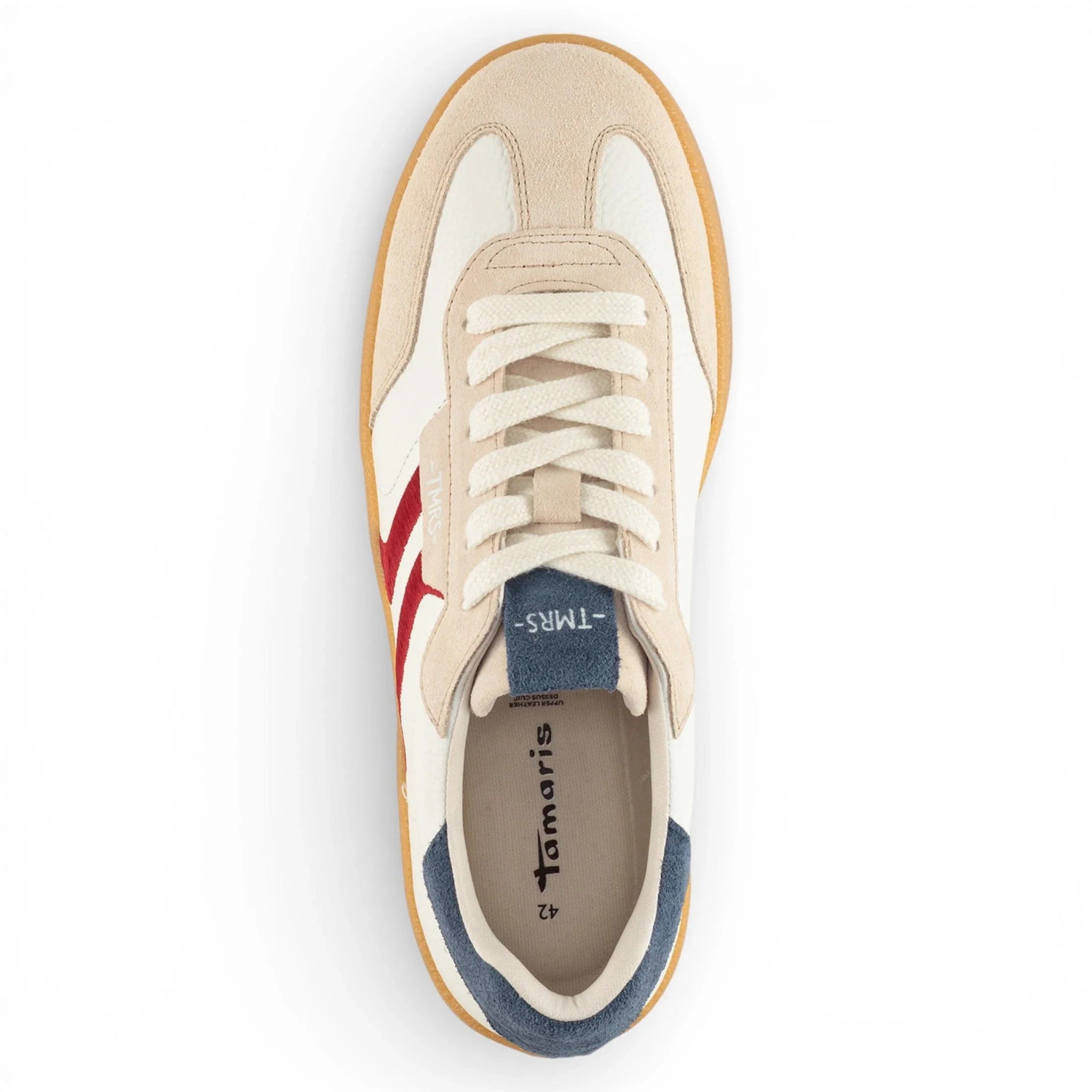 Zapatillas deportivas de hombre de piel color blanco roto con raya roja