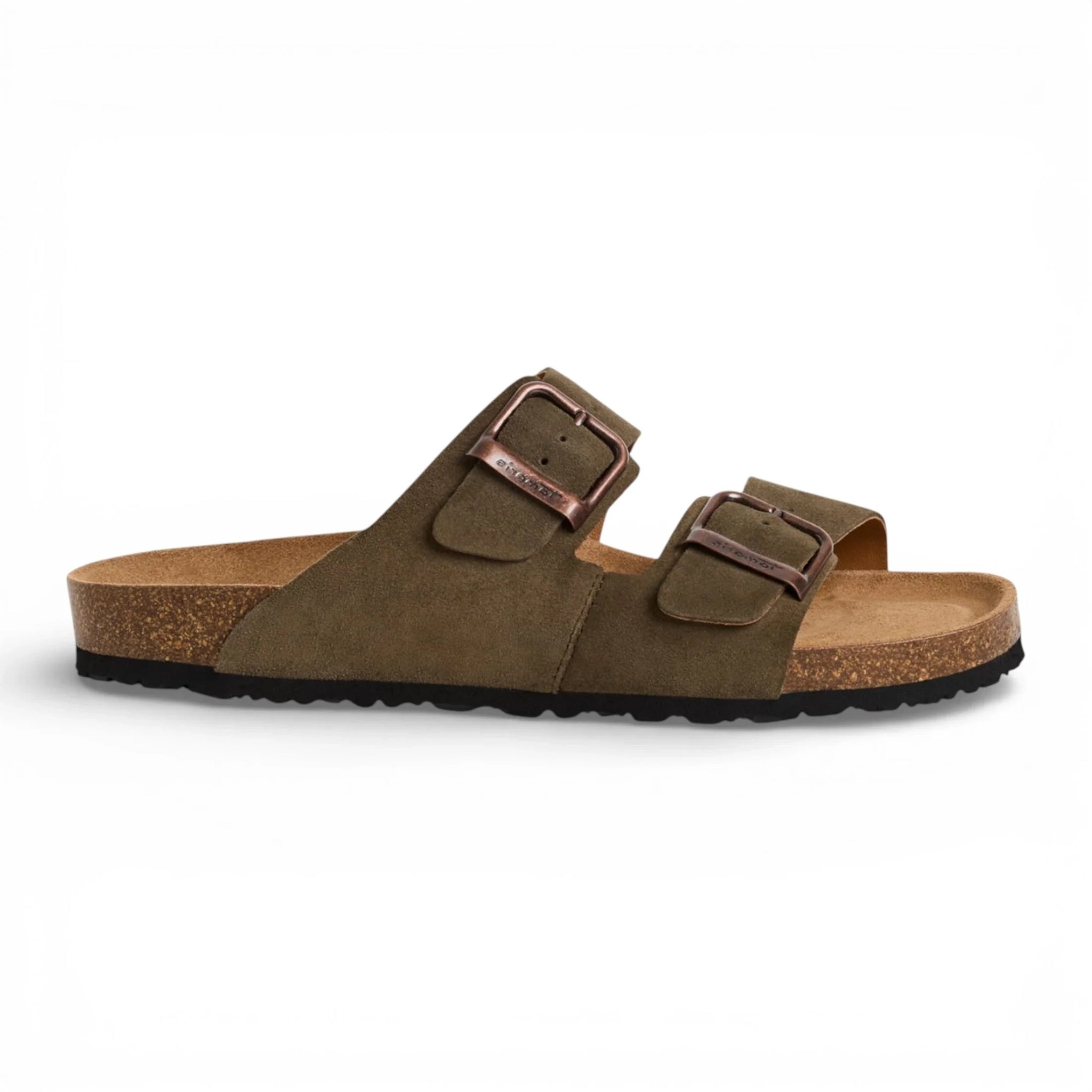 Sandalias tipo pantufla de cuero verde oliva para hombre con plantilla ajustable.