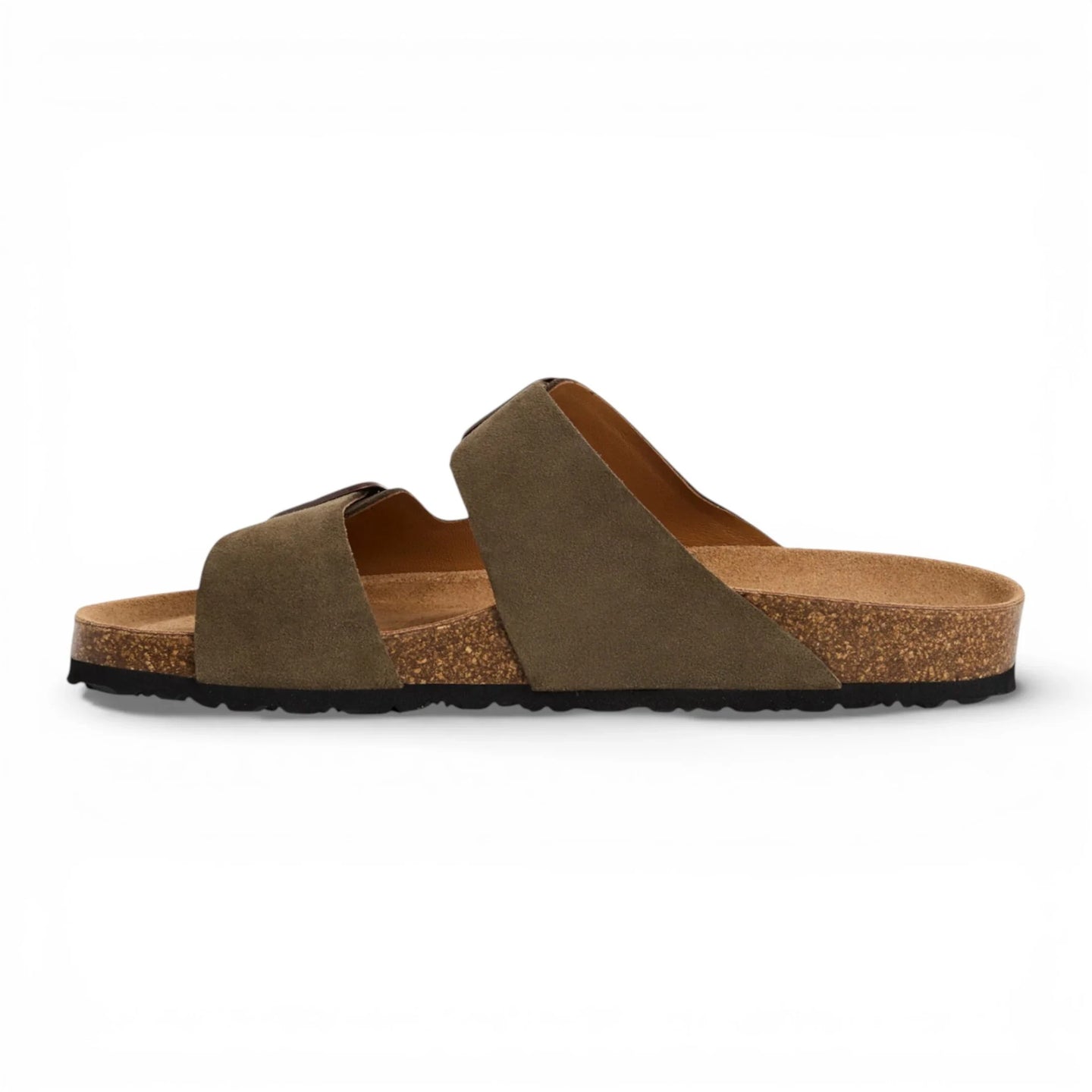 Sandalias tipo pantufla de cuero verde oliva para hombre con plantilla ajustable.