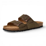 Sandalias tipo pantufla de cuero verde oliva para hombre con plantilla ajustable.