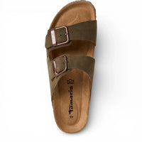 Sandalias tipo pantufla de cuero verde oliva para hombre con plantilla ajustable.