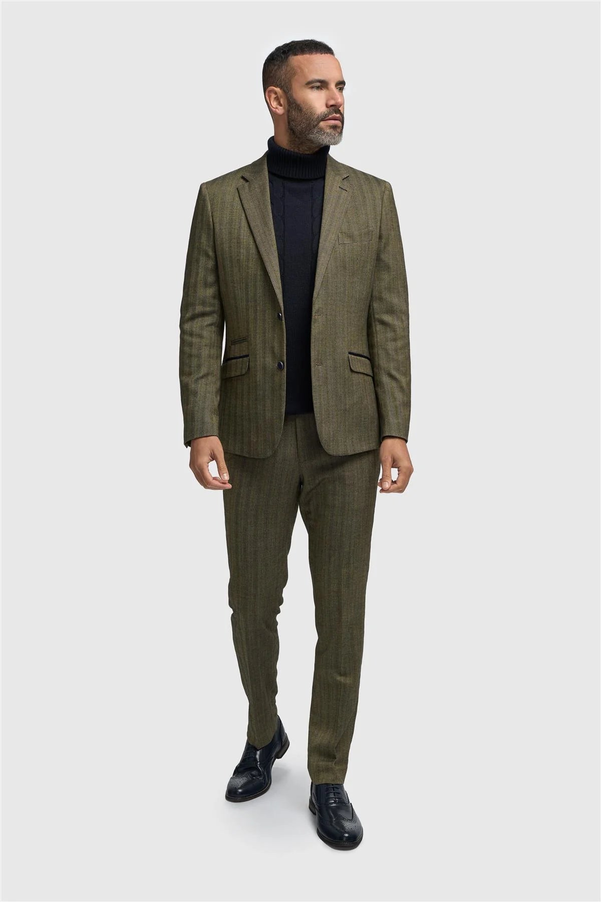 Blazer de hombre de tweed verde oliva con estampado de espiga.