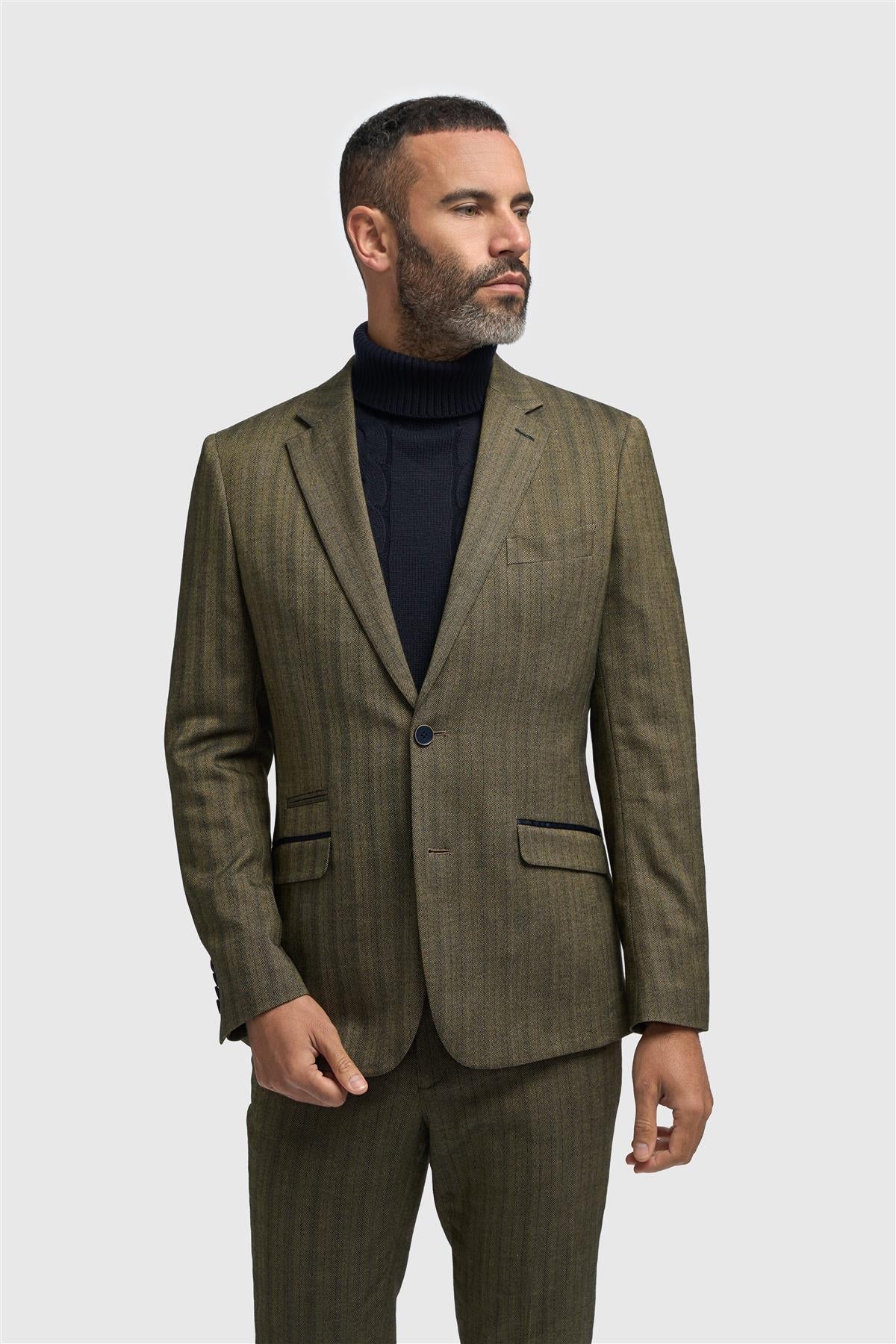 Blazer de hombre de tweed verde oliva con estampado de espiga.