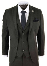 Traje de tres piezas de tweed de lana verde oliva para hombre - STZ11