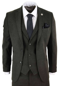 Traje de tres piezas de tweed de lana verde oliva para hombre - STZ11