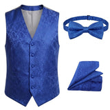Conjunto de chaleco y pajarita de 3 piezas con estampado floral paisley para hombre - Azul