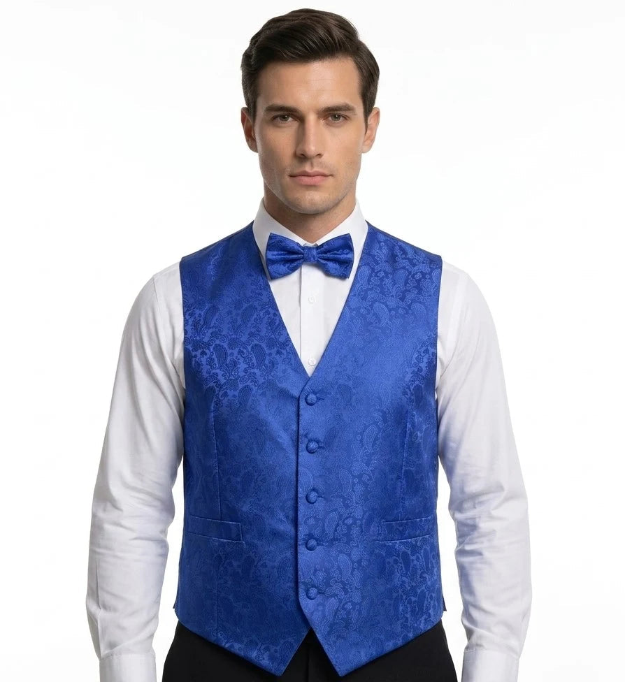 Conjunto de chaleco y pajarita de 3 piezas con estampado floral paisley para hombre - Azul