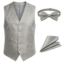 Conjunto de chaleco y pajarita de 3 piezas con estampado floral Paisley para hombre - Gris