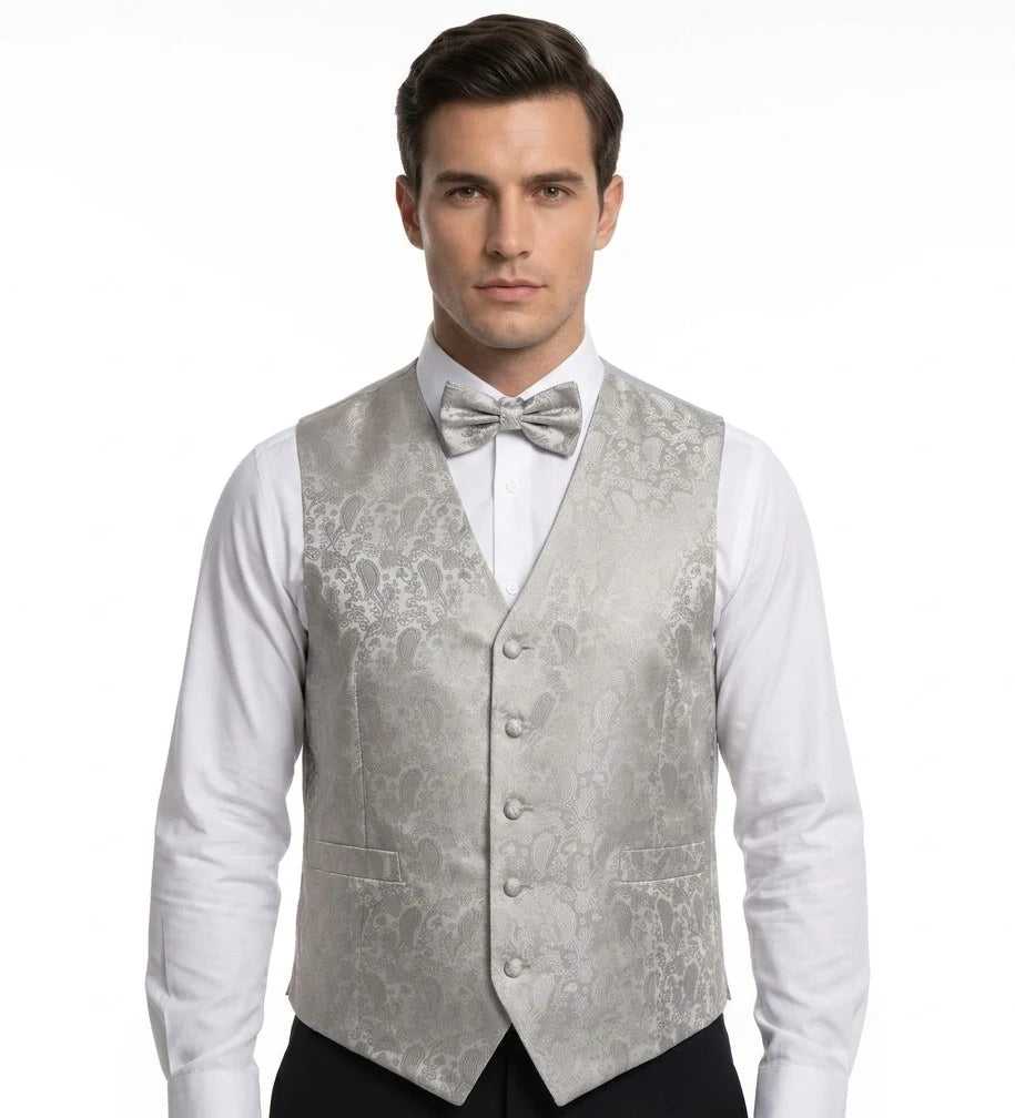 Conjunto de chaleco y pajarita de 3 piezas con estampado floral Paisley para hombre - Gris