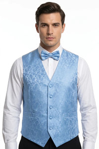 Conjunto de chaleco y pajarita de 3 piezas con estampado floral Paisley para hombre - Azul cielo
