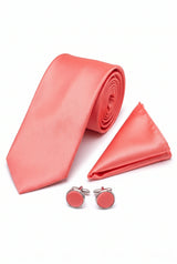 Conjunto de corbata color melocotón para hombre con pañuelo de bolsillo y gemelos.