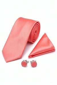 Conjunto de corbata color melocotón para hombre con pañuelo de bolsillo y gemelos.