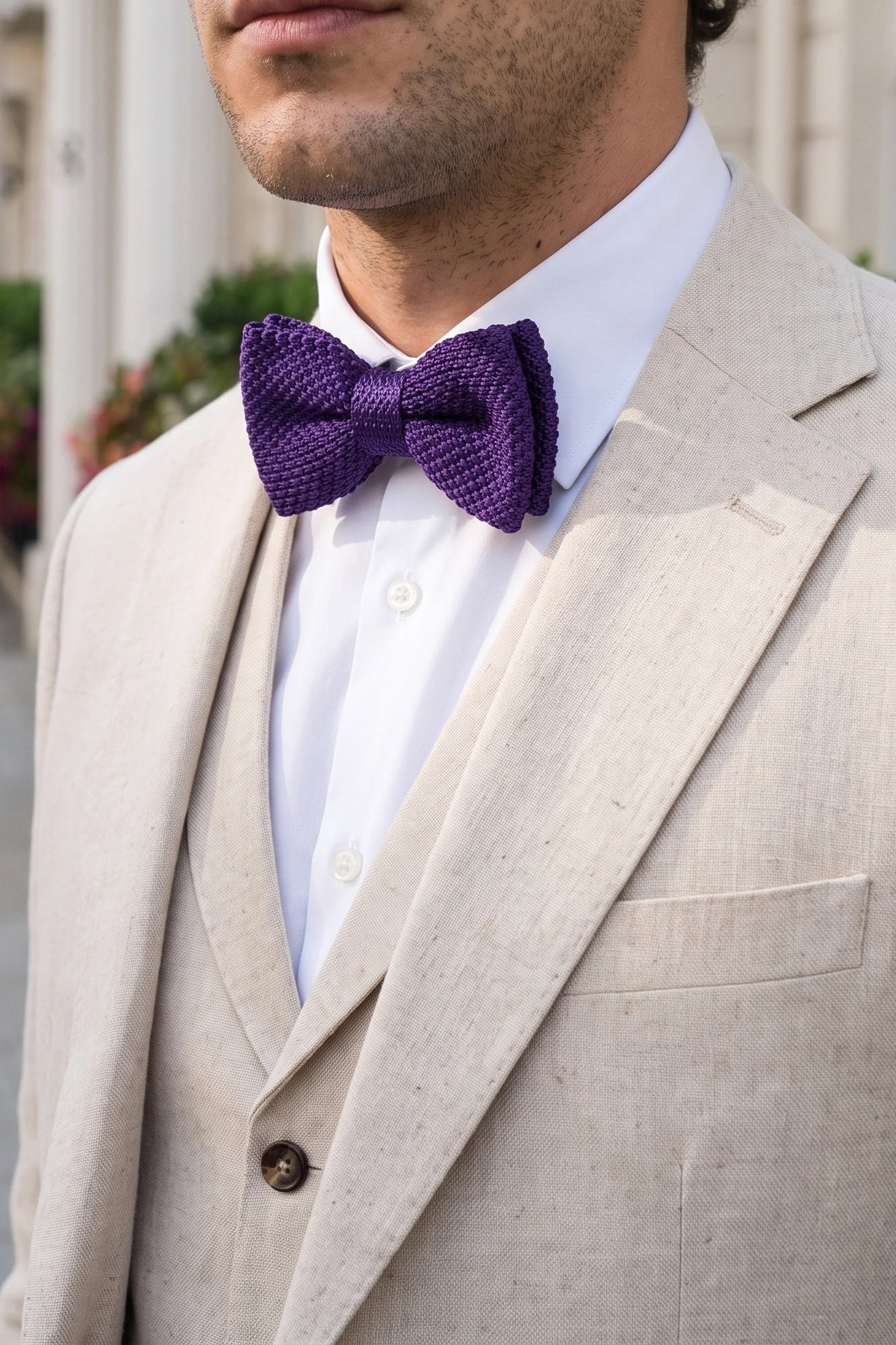 Pajarita de punto morada para hombre